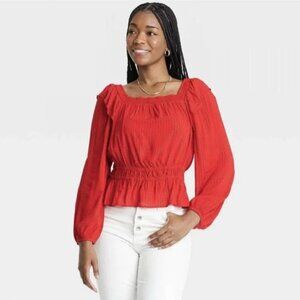 Universal Thread Peplum Blouse Red Gold Cinched Waist Balloon Sleeve